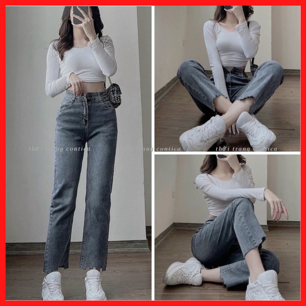 Quần Jeans Nữ Ống Đứng - Quần bò Nữ Ống Đứng Cạp Cao Co Dãn 4 Chiều Cắt Gấu Cực Đẹp