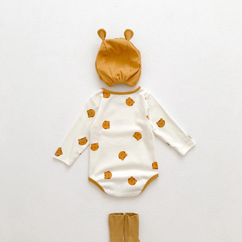 Bộ Áo Liền Quần Cotton Tay Dài In Hình Hổ + 1 Nón Dễ Thương Dành Cho Bé Trai/Bé Gái