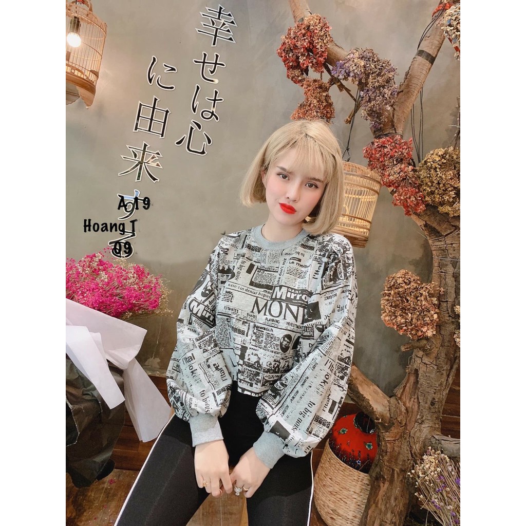 Áo croptop tay dài phồng in chữ giấy báo cực chất - MM.AN667