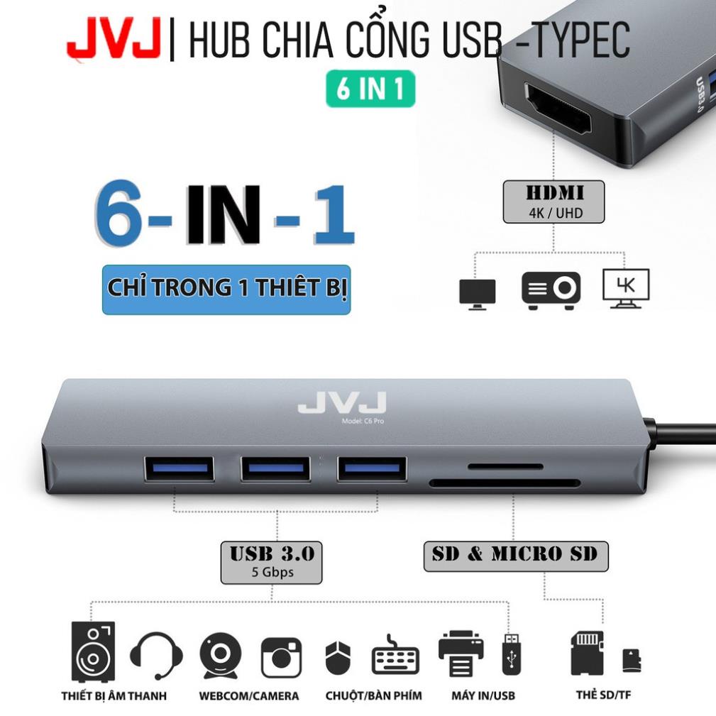 Hub type C USB C6 JVJ 6 trong 1 đa năng cổng chuyển đổi chia cổng USB 3.0 tốc độ 500Mb/s SD, TF, 4K,HDMI cho MacBook lap