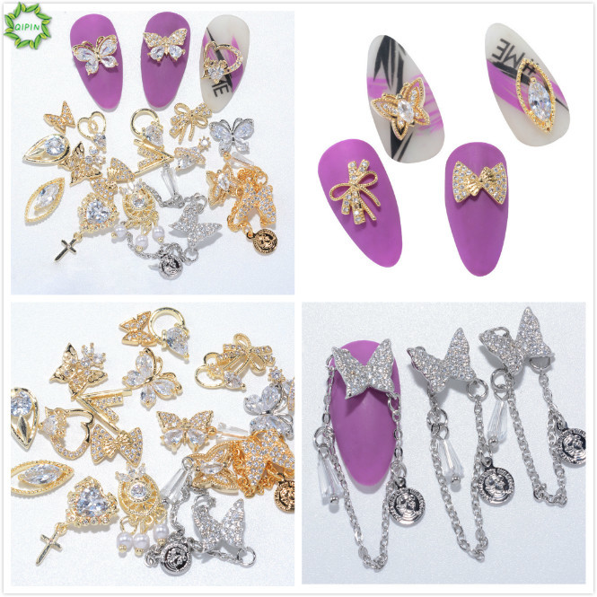 Cod Qipin 1pcs Luxury Nail Ornament Manicure Diamond Alloy Butterfly Chain Pendant Decor with 8 Styles