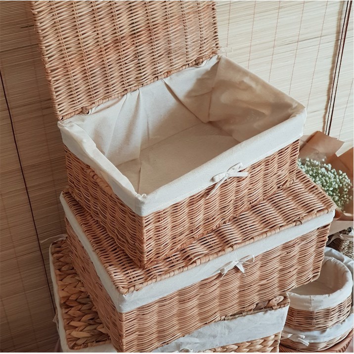 Giỏ Hộp Mây Đựng Đồ Chữ Nhật Pii Home, Có Nắp Đậy Kèm Lót Vải Tiện Dụng