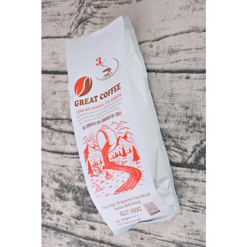 Cà phê rang xay nguyên chất GREAT COFFE,dòng mix 3 arabica,culi,robusta 500g Cp03
