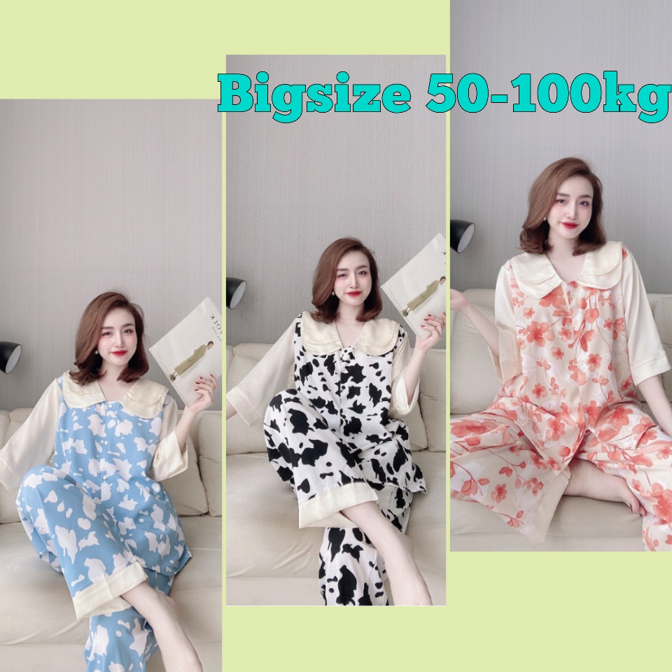 [Bigsize 50-100kg] Bộ Dài Tay Lỡ Lụa Nhật Phối Satin Cao Cấp Cổ Hai Lá Cho Nàng Múp