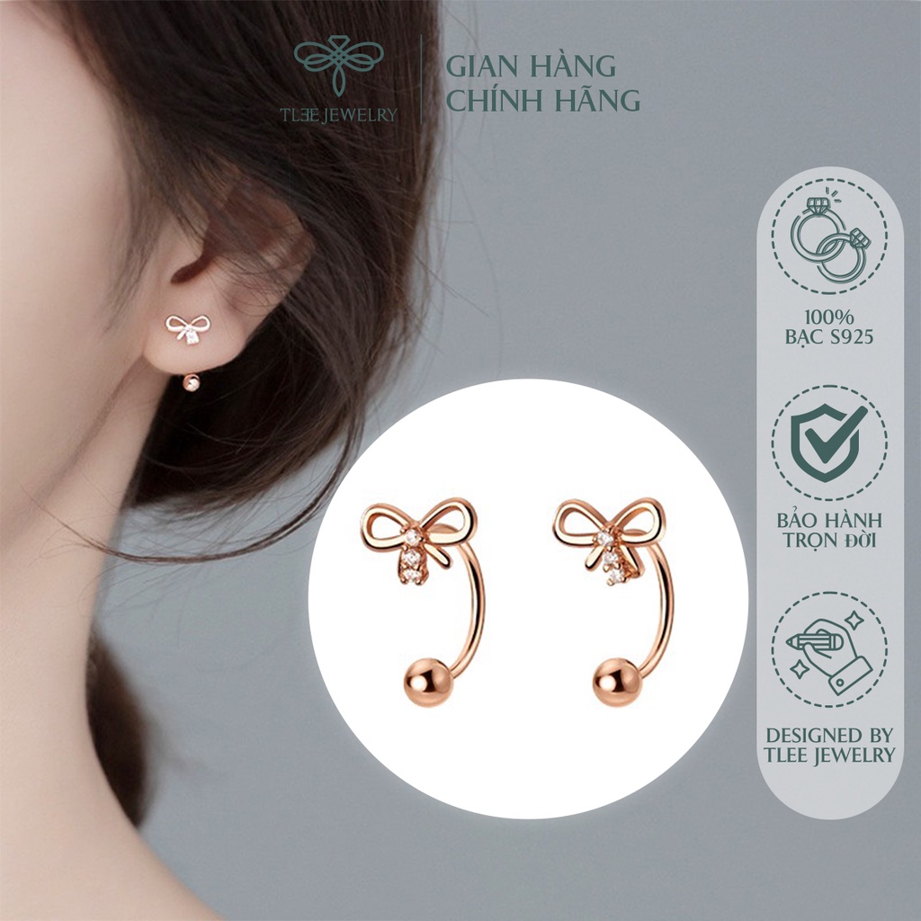Khuyên tai bạc nữ TLEE nơ cong chốt vặn đính đá sang trọng NCJ B0103