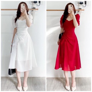 Đầm váy trắng cổ V tùng rút dây xuongvnxk vnxk (kèm hình thật)
