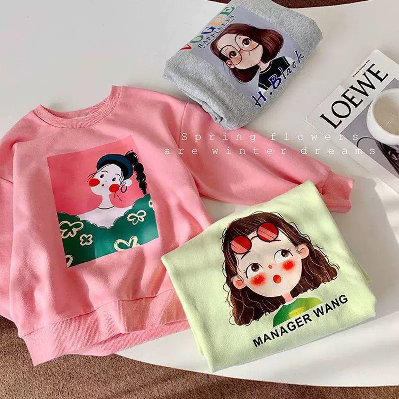 Áo nỉ bé gái, áo nỉ bông quảng châu họa tiết tiết cô gái dễ thương cho bé