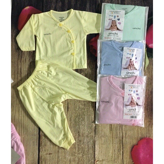 Bộ sơ sinh  BSS320 cotton UNCHI Xuân hè dài tay quần đáp đũng cho bé 3-9kg