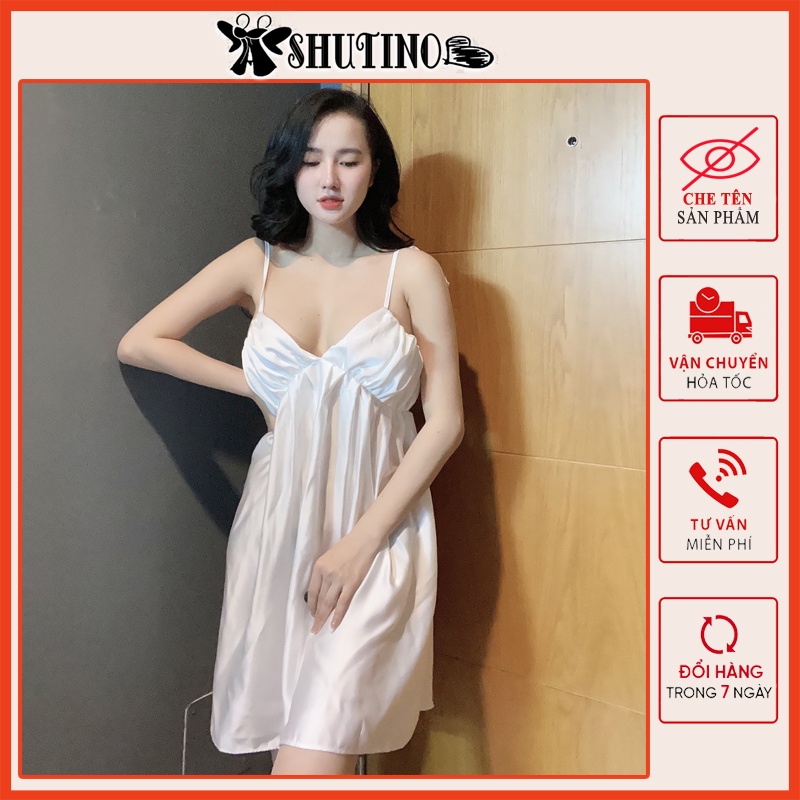 Váy ngủ sexy 2 dây lụa satin phối ren gợi cảm cao cấp freesize dưới 65kg Shutino SA28