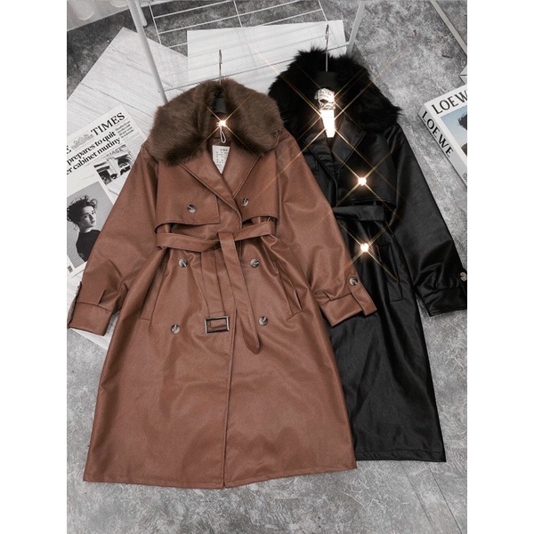 [FREESHIP]Áo khoác da mangto phối lông tháo rời được cao cấp tay dài sáu nút có đai tay đai eo hàng QCCC hình thật