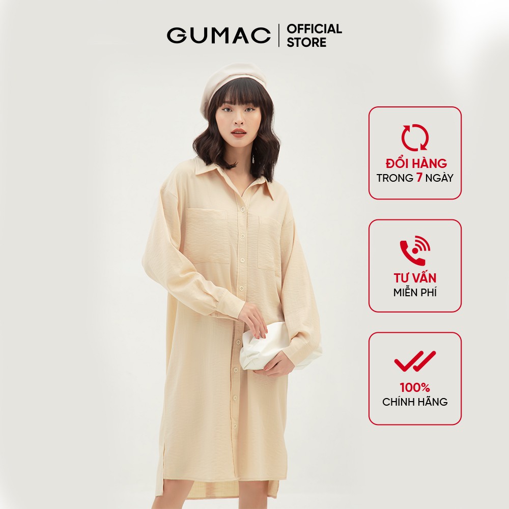 [Mã WABRGU72 giảm 10% tối đa 50k đơn 250k] Đầm suông nữ phối 2 túi GUMAC kiểu sáng sơ mi phom rộng DB389