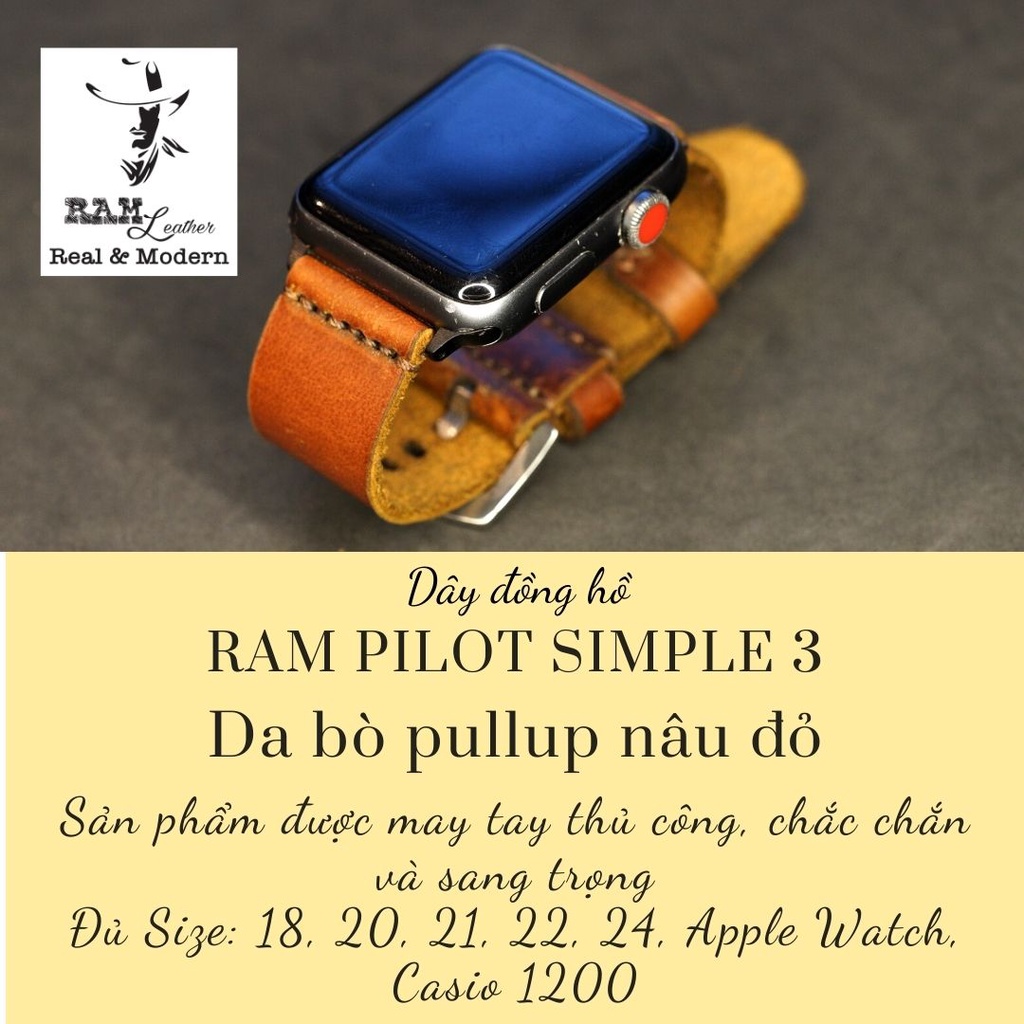 Dây apple watch da bò nâu đỏ handmade bền chắc cực đẹp RAM Leather simple 3 - tặng khóa chốt và adapter