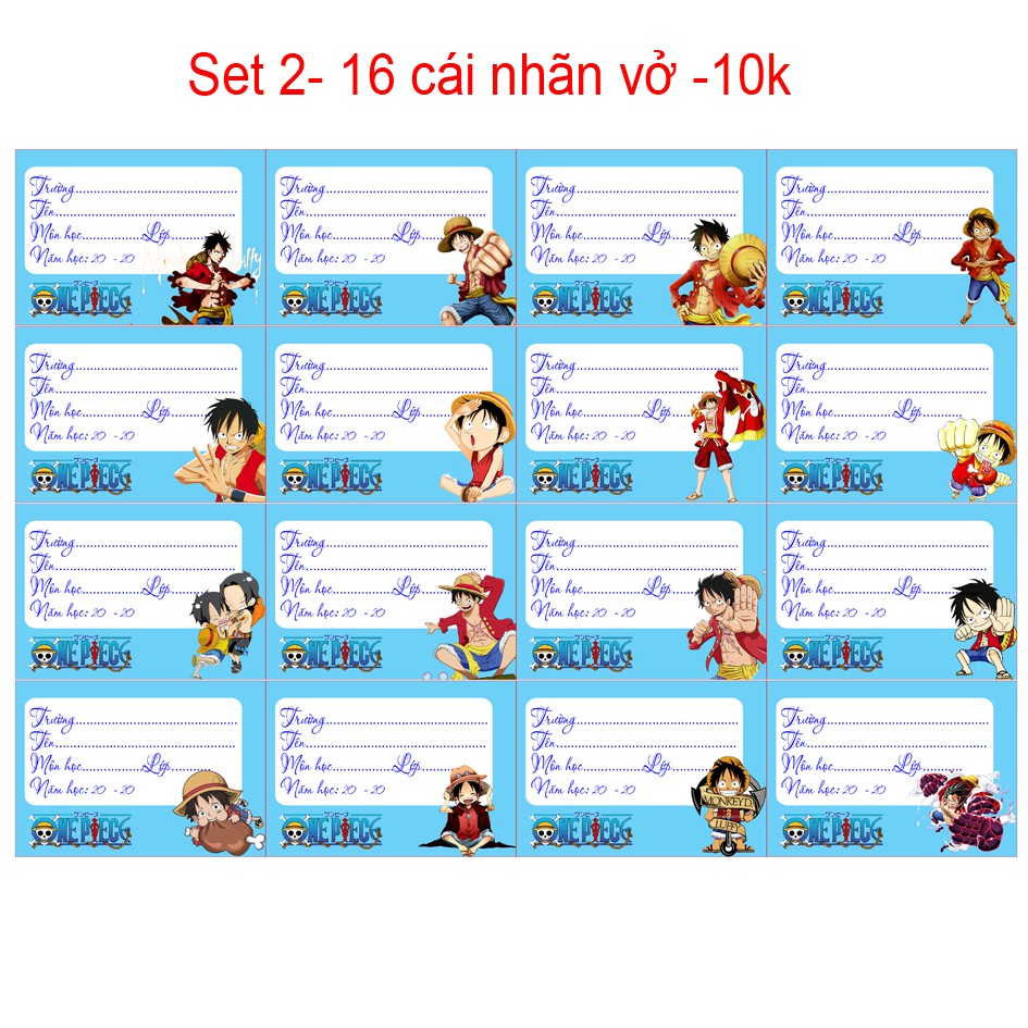 Nhãn vở anime One Piece( 1 set 16 cái nhãn vở giá 10k)