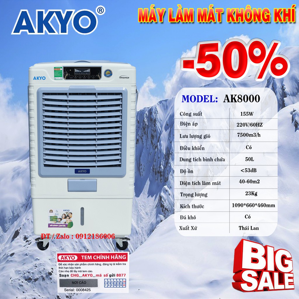 Quạt điều hòa không khí Akyo AK-8000 Model 2020 INVERTER - Hàng chính hãng nhập khẩu Thái Lan