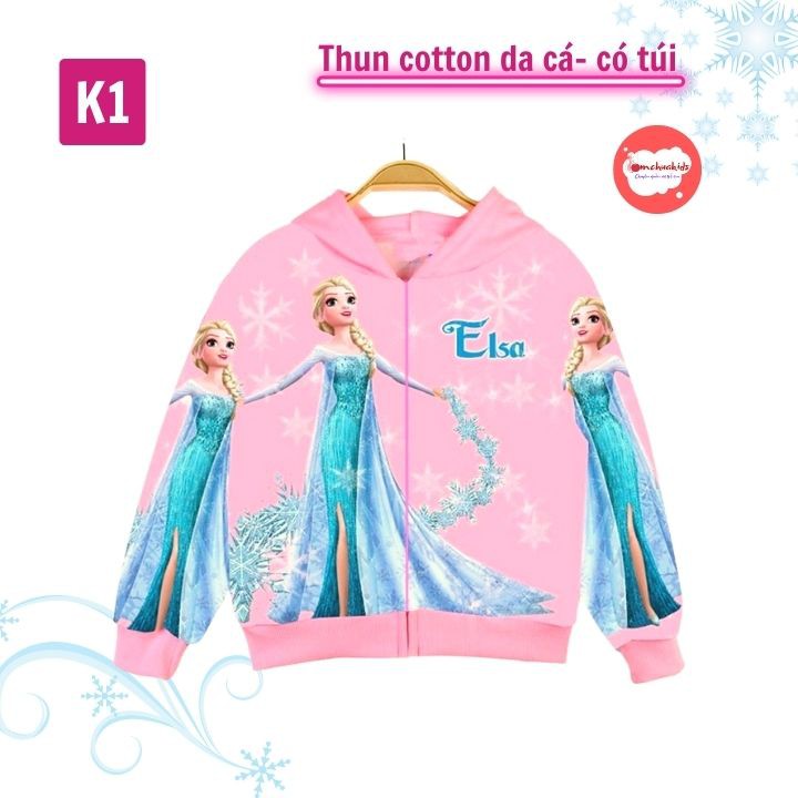 Áo khoác bé gái hình Elsa từ 10-43kg - Áo khoác bé gái -ELSA - Thun cotton da cá - Tomchuakids