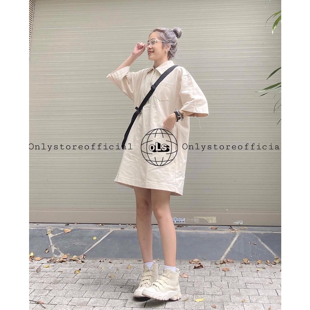Váy polo nữ dáng suông màu be form rộng unisex tay lỡ cá tính Ulzzang chất su co dãn dày dặn Xưởng sỉ nguyễn hoa | BigBuy360 - bigbuy360.vn