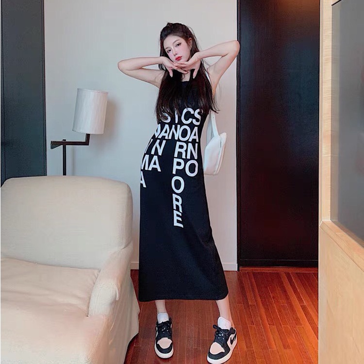 Đầm cotton sát nách Váy ba lỗ dáng dài in chữ dọc thoáng mát hàng VNXK