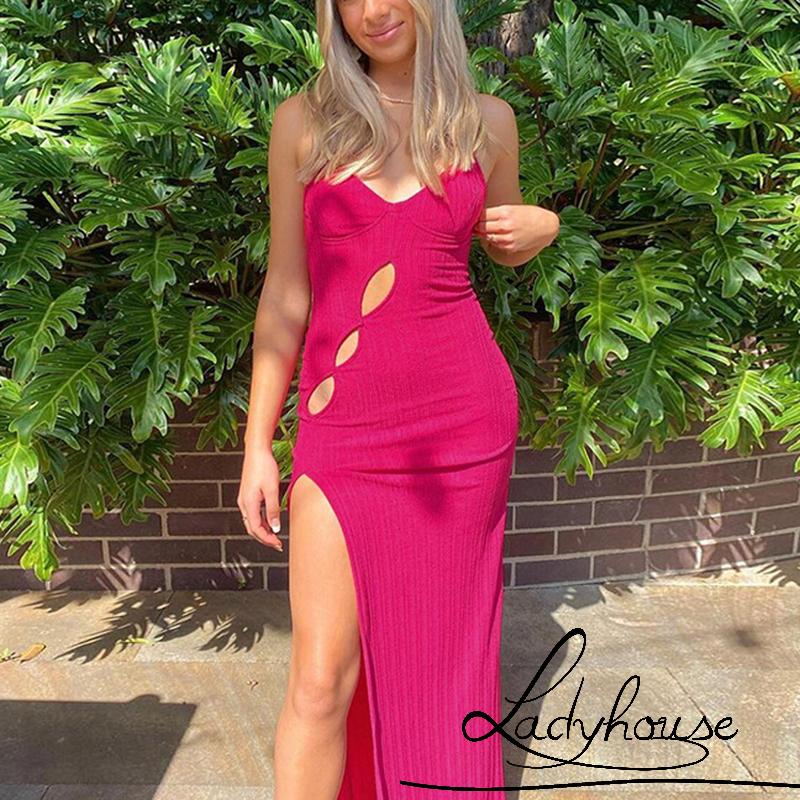 Đầm Dài Hai Dây Cổ Chữ V Hở Lưng Màu Trơn Cho Nữ