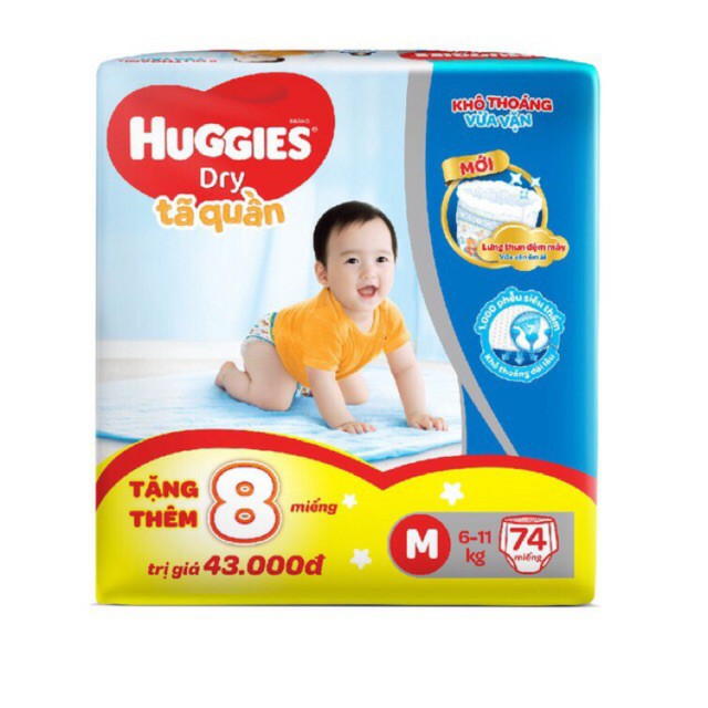 [Tặng thêm 8 miếng] Tã/Bỉm Quần Huggies M74+8/L68+8/XL62+8 mẫu đệm mây