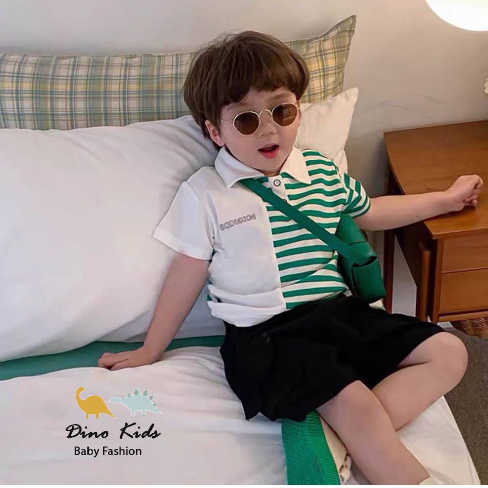 Quần áo mùa hè bé trai,  Bộ quần áo có cổ sọc kẻ nửa thân cá sấu cho bé size 10-30kg