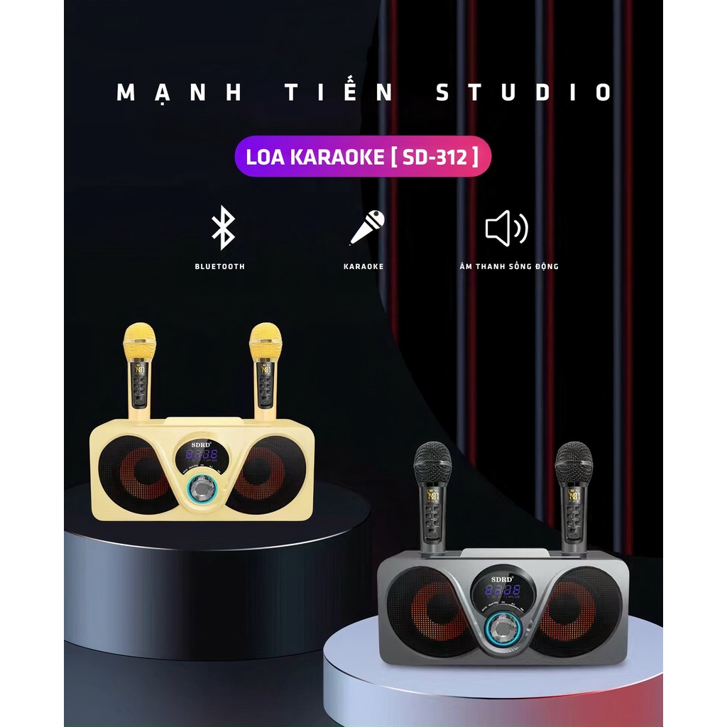 Loa karaoke bluetooth SDRD SD-312 mắt cú mới nhất - Tặng kèm 2 micro không dây có màn hình LCD - Sạc pin micro trên loa