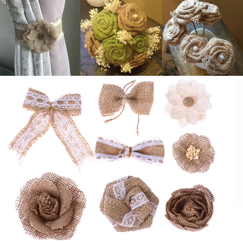 Bông hoa handmade làm bằng vải bố/sợi đay trang trí tiệc cưới/nhà cửa retro DIY