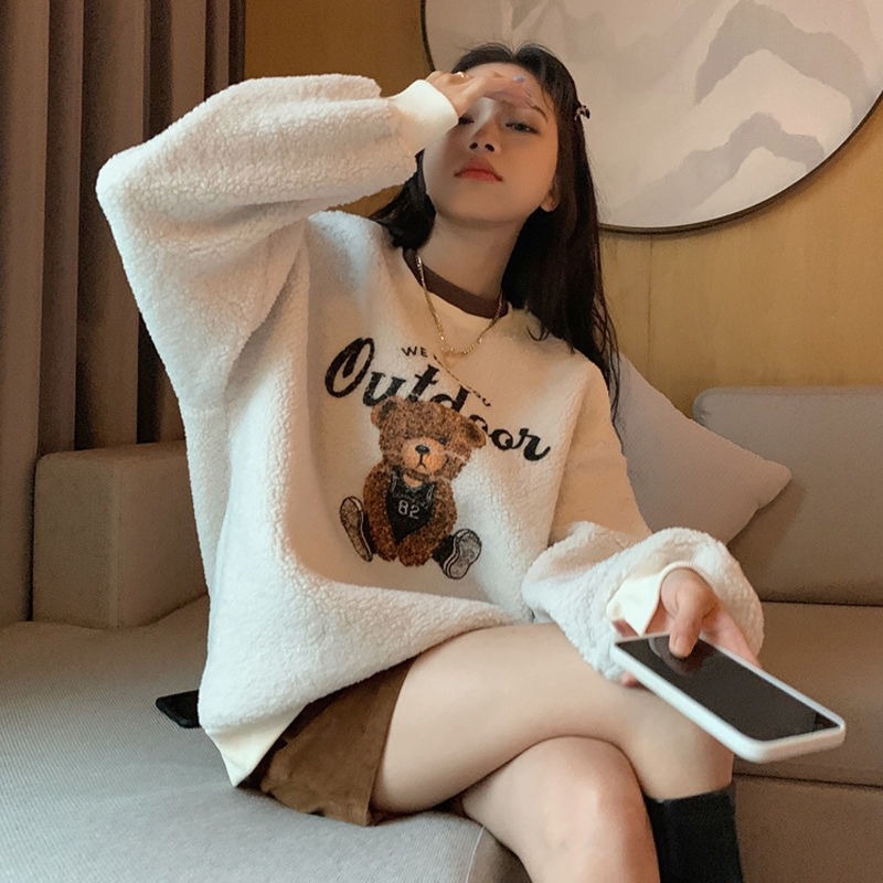 Áo khoác Sweater cổ tròn lót nhung lông cừu lót nhung màu sắc tương phản thời trang mùa đông cho nữ