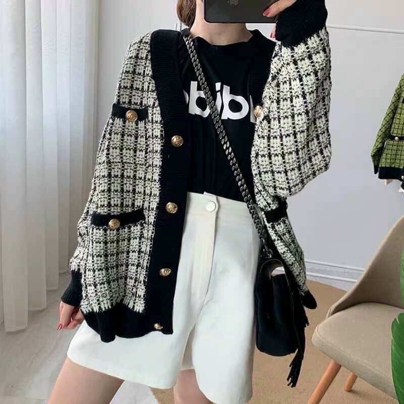 Cadigan len nữ sọc, dáng len chùm mông vintage