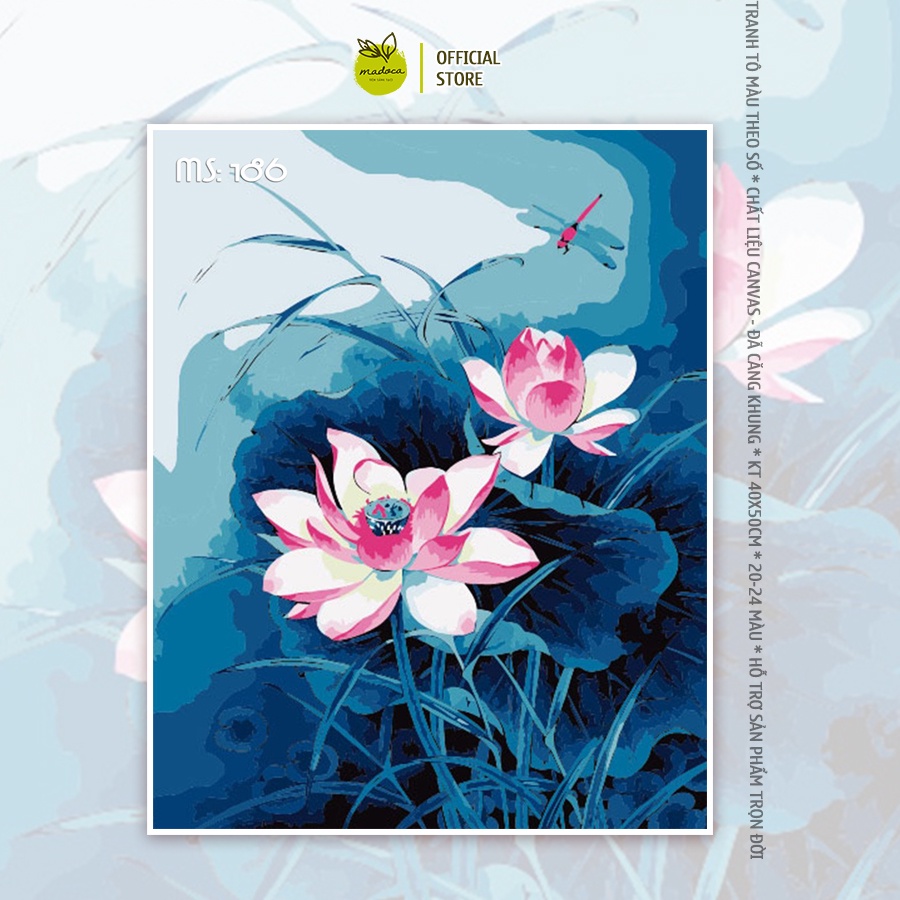 Tranh tô màu số hóa Madoca có khung 40x50cm Hoa sen xanh lam T186