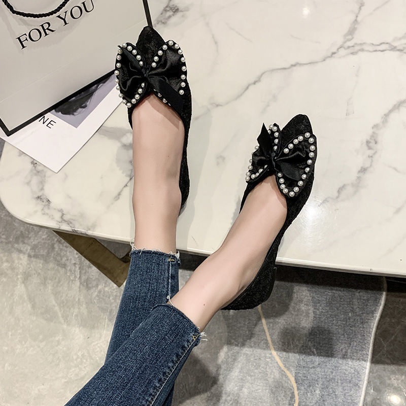 Giày Búp Bê Mũi Nhọn Đế Bằng Đính Nơ Thời Trang Xuân Hè Mới Cho Nữ