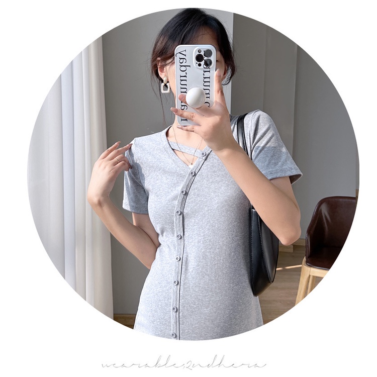 Đầm body bầu cúc giả, xẻ tà chân váy 2 màu