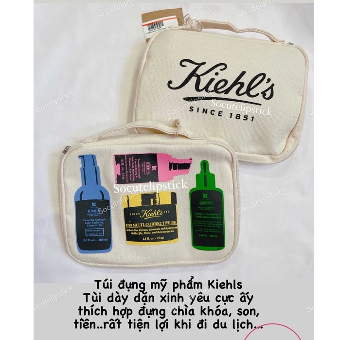 Túi xách mỹ phẩm Kiehls nền trắng họa tiết chai lọ