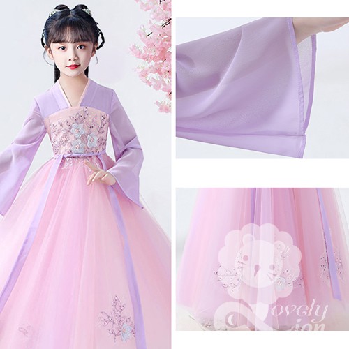 (Hàng có sẵn) Bộ hán phục công chúa thêu hoa màu tím cho bé gái + Tặng quạt vải + kẹp tóc