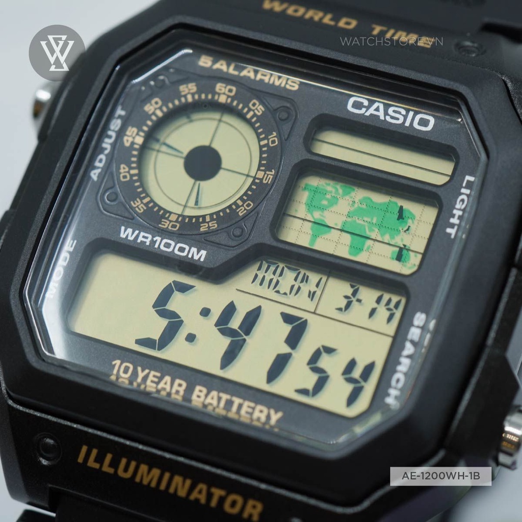 Đồng Hồ Điện Tử Nam Casio WATCHSTORE AE-1200WH-1BVDF Thiết Kế Mặt Kính Vuông 42mm Kèm Dây Đeo Nhựa Tiện Lợi