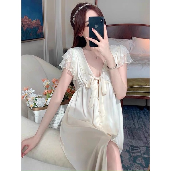 {Hàng cao cấp QC}VÁY NG Ủ CÔNG CHÚA TIỂU THƯ DÁNG DÀI_MÀU NUDE,LỤA  MỀN MỊN MÁT, HÃNG STUDIO