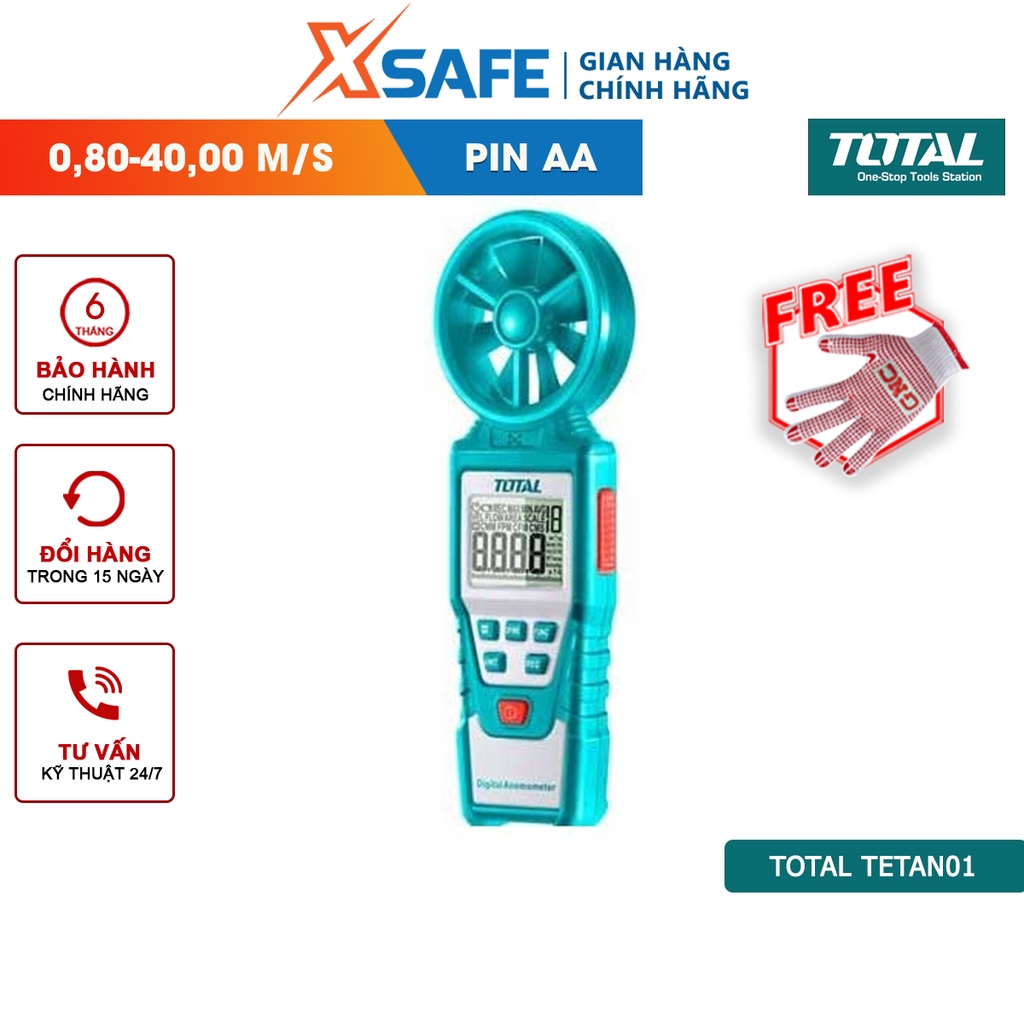 Máy đo tốc độ gió kỹ thuật số TOTAL TETAN01 Thiết bị đo lưu lượng gió có lưu trữ dữ liệu, chức năng đèn nền, dùng pin AA