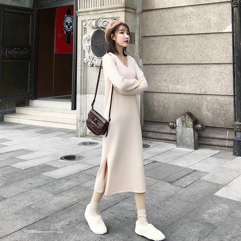 shop xin giới thiệu sản phẩm váy suông dài tay cổ tim xẻ tà chất len gân cá tính hàn quốc H001 | BigBuy360 - bigbuy360.vn