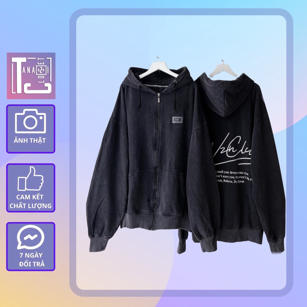 [sẵn]Áo khoác tay dài form rộng in chữ WZS vải wax lót bông (ảnh thật tại shop) Tanazi closet