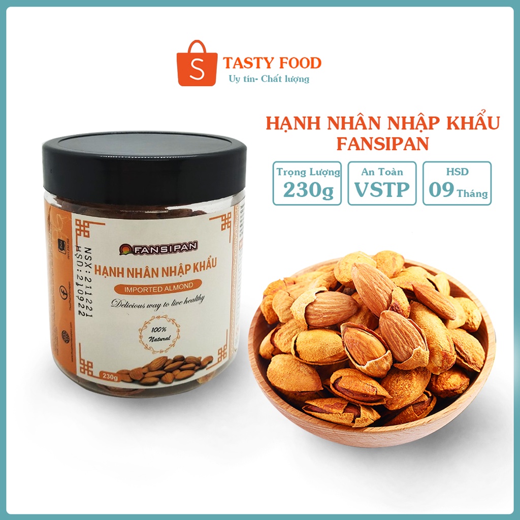 [Quà tết] Hạt hạnh nhân nhập khẩu Fansipan hộp 230g, hạnh nhân sấy khô chính hãng đồ ăn vặt Tasty Food