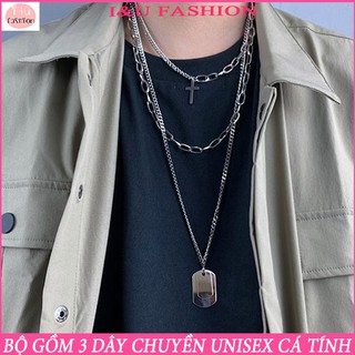 Bộ combo 3 vòng cổ , dây chuyền UNISEX độc đáo cá tính cho Nam Nữ gồm 3 dây khác biệt chất liệu kim loại màu bạc VC-42