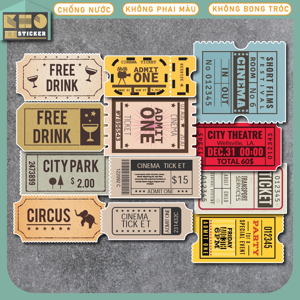 Combo 50 Sticker Vintage Ticket chống nước sticker dán laptop, điện thoại, đàn guitar, mũ bảo hiểm, vali. MSP: ST41