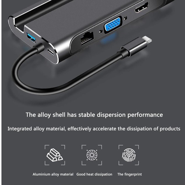 HUB Kiêm Dock Type-C Ra HDMI,VGA,LAN,3 Cổng USB 3.0 Hỗ Trợ Power Delivery