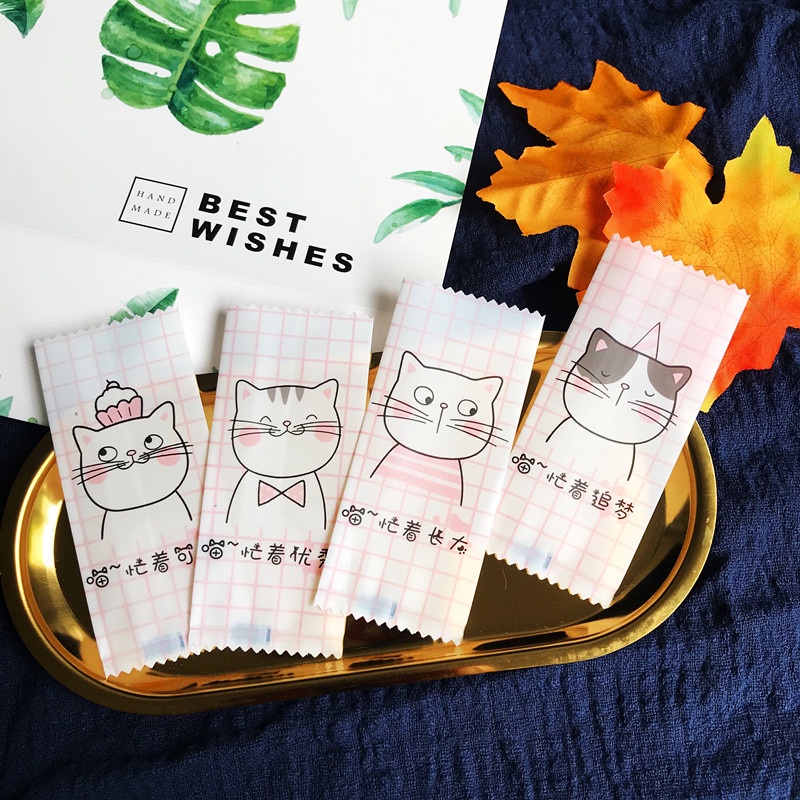 ❤️ 100 túi đựng kẹo Nougat Mèo caro màu hồng 4x9cm ❤️
