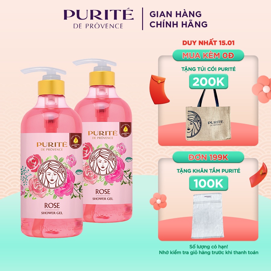 Combo 2 Sữa Tắm Thiên Nhiên Mềm Mịn Hoa Hồng Purité 850ml/chai