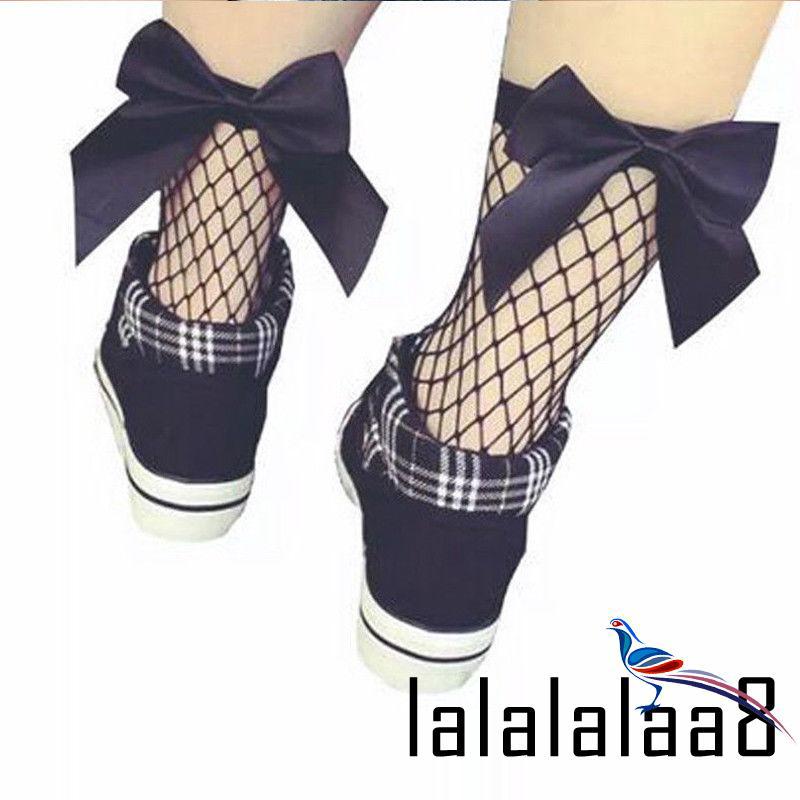 Ll8-nữ Ruffle Nơ Fishnet Đến Mắt Cá Chân Tất Cao Lưới Ren Cá Tất Ngắn