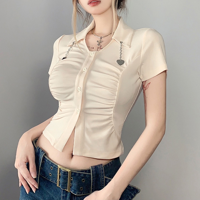 Áo Thun Ngắn Tay Phối Nút Và Dây Xích Thời Trang Cho Nữ