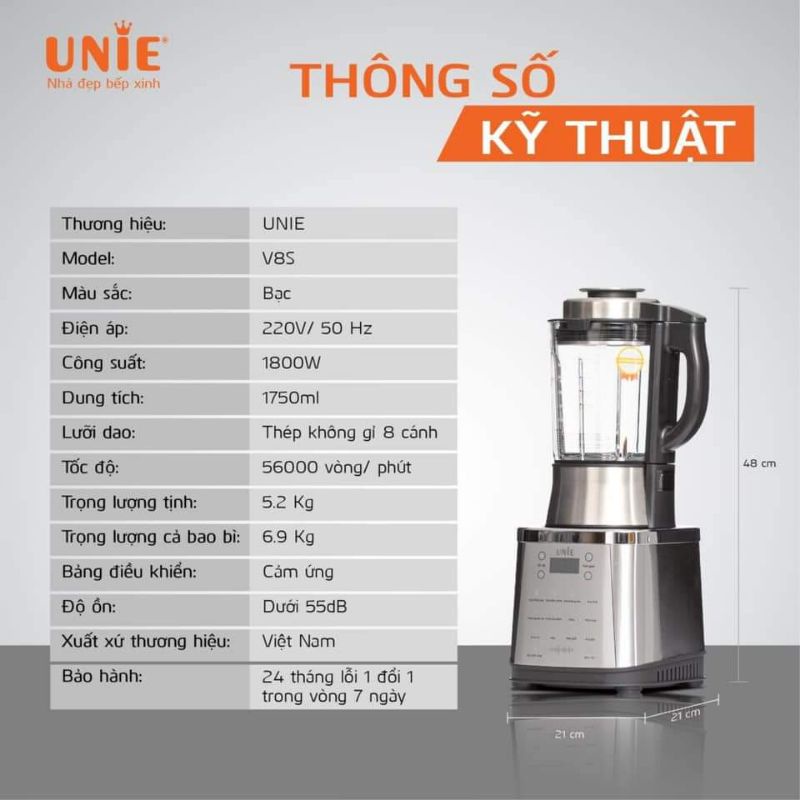 Máy làm sữa hạt Unie V8S thế hệ mới dung tích 1.75L, tích hợp thông báo giọng nói, sữa sánh mịn, thơm ngậy