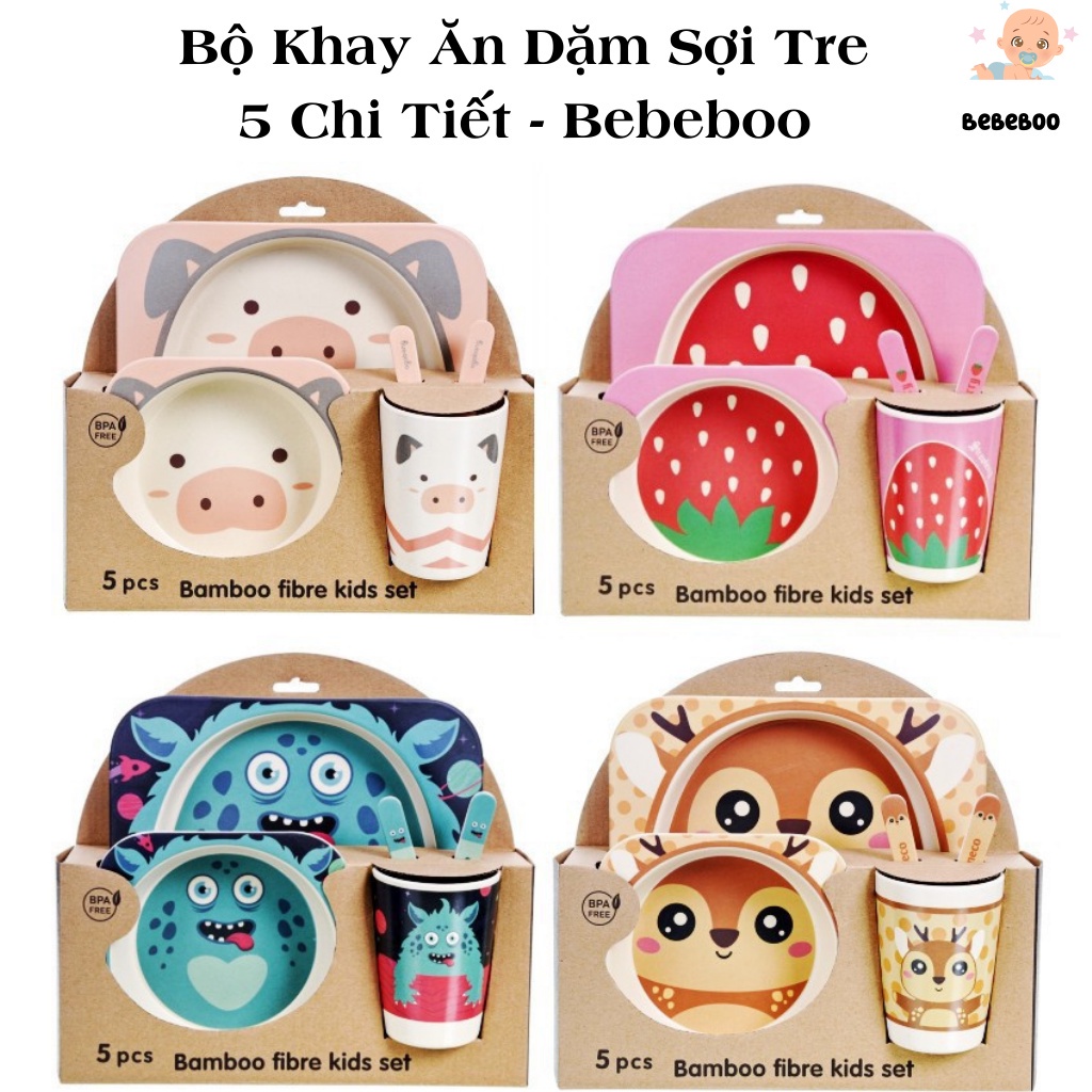 Set khay ăn dặm 5 chi tiết bằng sợi tre gồm khay, bát, cốc, thìa, niĩa cho bé cưng