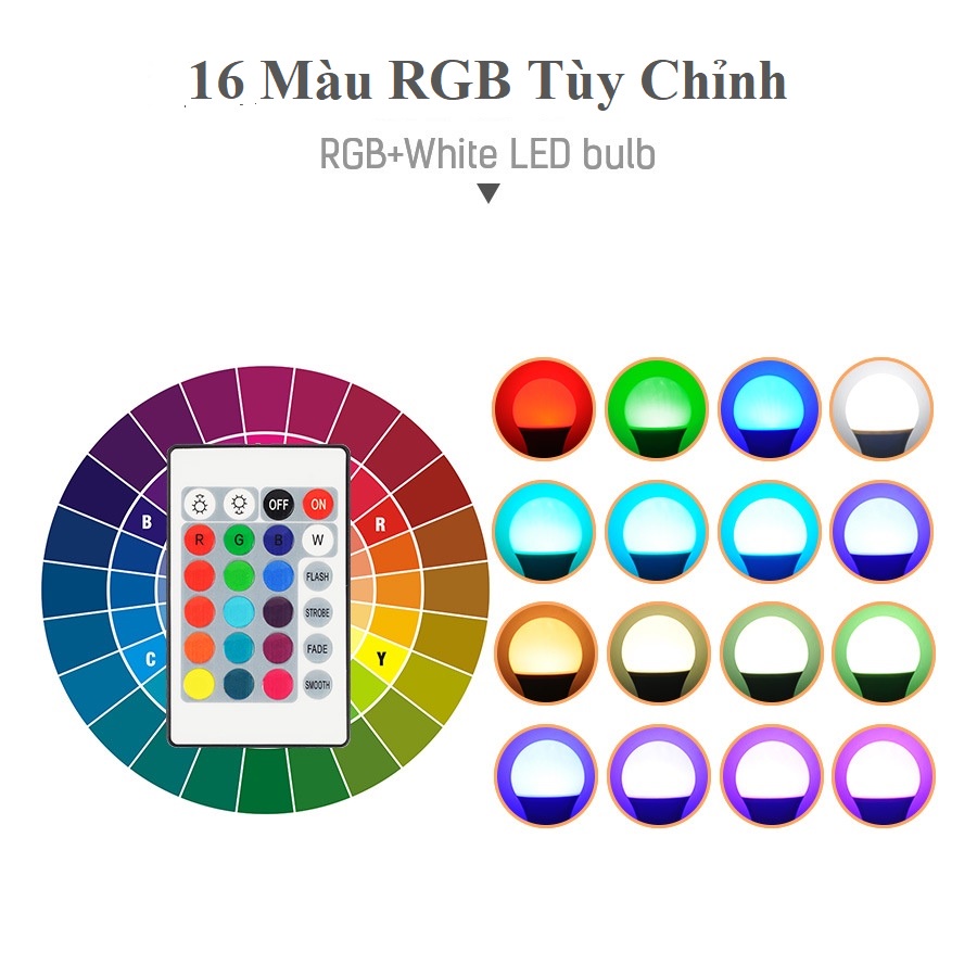 Bóng đèn LED RGB 16 triệu màu Có REMOTE công suất 9W dùng đui E27 ( HỢP DECOR PHÒNG NGỦ - KÈM ĐUÔI ĐÈN )
