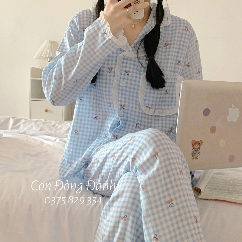 [Có sẵn] Đồ ngủ pijama kẻ caro bèo nhún dài tay chất thun mềm con đỏng đảnh DN003 chất thun mềm | BigBuy360 - bigbuy360.vn